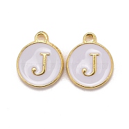 Golden Plated Alloy Charms, Cadmium Free & Lead Free, with Enamel, Enamelled Sequins, Flat Round with Letter, White, Letter.J, 14x12x2mm, Hole: 1.5mm(ENAM-S118-01J)