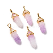 Natural White Jade Pendants, Faceted, with Golden Tone Brass Findings, Lead free & Cadmium Free, Dyed, Lilac, Bullet, 27~30x9~10x7~8mm, Hole: 4x3mm(G-K329-29G)