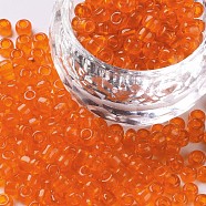 Glass Seed Beads, Transparent, Round, Round Hole, Orange, 6/0, 4mm, Hole: 1.5mm, about 500pcs/50g, 50g/bag, 18bags/2pounds(SEED-US0003-4mm-9)