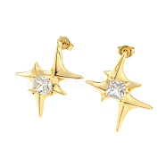 Star Shape Rack Plating Brass Micro Pave Cubic Zirconia Stud Earrings, Long-Lasting Plated, Cadmium Free & Lead Free, Real 18K Gold Plated, 28x24.5mm(EJEW-P240-02G)