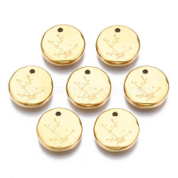 316 Surgical Stainless Steel Charms, Flat Round with Constellation, Real 14K Gold Plated, Taurus, 10x2mm, Hole: 1mm(STAS-S116-418A-G)