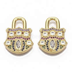 Brass Micro Pave Cubic Zirconia Pendants, Nickel Free, Lock, Real 16K Gold Plated, Colorful, 23.5x17.5x3mm, Hole: 4x5mm(ZIRC-R110-003-NF)