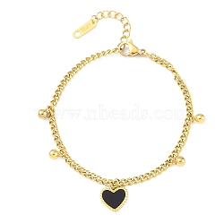 Ion Plating(IP) 304 Stainless Steel Bracelets for Women, with Black Heart Charms, Golden, 6-3/8 inch(16.3cm)(BJEW-K254-04G)