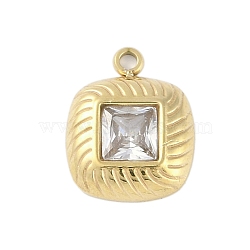 Glass Pendants, with Ion Plating(IP) 304 Stainless Steel Findings, Manual Polishing, Real 18K Gold Plated, Square Charms, Clear, 14.5x12x3mm, Hole: 1.4mm(STAS-P366-38G-02)