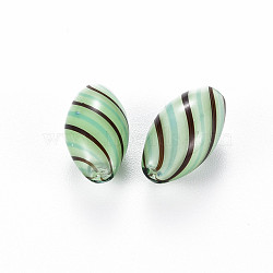 Opaque Handmade Blown Glass Globe Beads, Stripe Pattern, Rice, Light Green, 17.5~19x10mm, Hole: 1~2mm(X-GLAA-T012-07)