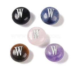 Natural Mixed Gemstone Beads, Flat Round with Letter, Letter W, 8.5~9x5~5.5mm, Hole: 1.2mm(G-L524-20W)