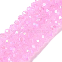 Baking Electroplate Glass Beads Strands, AB Color, Faceted, Round, Pearl Pink, 8x6mm, Hole: 1mm, about 63~65pcs/strand, 15.75''(39~40cm)(DGLA-A039-J8mm-B09)