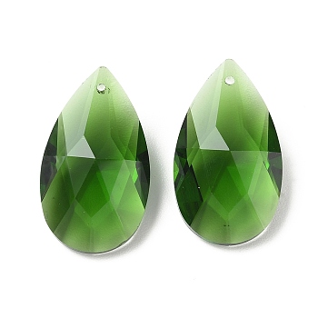 Glass Pendants, Teardrop Charm, Faceted, Green, 38x22x13mm, Hole: 1.5mm