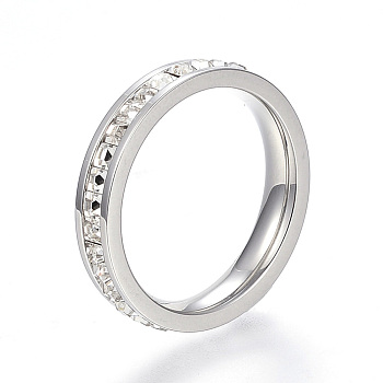 304 Stainless Steel Finger Rings, with Rhinestones, Stainless Steel Color, Size 6~8, 16~18mm