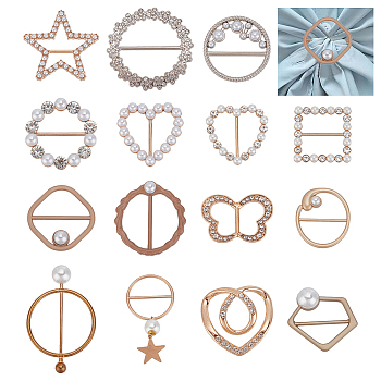 WADORN 15Pcs 15 Style Alloy Buckle Clasps, with Plastic Imitation Pearl, and Rhinestone, for Strap Belt, Garment Accessories, Mixed Shape, Mixed Color, 24.5~76x37~53x2~8mm, 1pc/style