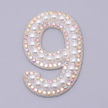 Imitation Pearls Patches, Iron/Sew on Appliques, with Glitter Rhinestone, Costume Accessories, for Clothes, Bag Pants, Number, Num.9, 44.5x29.5x4.5mm