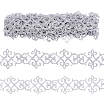 Polyester Floral Embroidery Lace Trim, Garment Accessories, Silver, 3 inch(75mm), about 4.27 Yards(3.9m)/pc