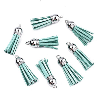 Faux Suede Tassel Pendant Decorations, with CCB Plastic Cord Ends, Platinum, Dark Cyan, 35~37x10mm, Hole: 1.8mm