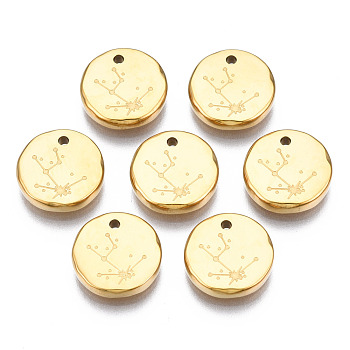 316 Surgical Stainless Steel Charms, Flat Round with Constellation, Real 14K Gold Plated, Taurus, 10x2mm, Hole: 1mm