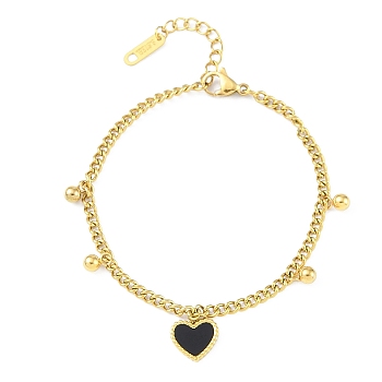 Ion Plating(IP) 304 Stainless Steel Bracelets for Women, with Black Heart Charms, Golden, 6-3/8 inch(16.3cm)