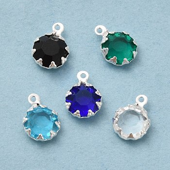 Eco-Friendly Glass Charms, with Brass Findings, Long-Lasting Plated, Cadmium Free & Lead Free, Flat Round, 925 Sterling Silver Plated, Mixed Color, 9x6.5x3mm, Hole: 1mm