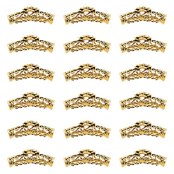 20Pcs Tibetan Style Alloy Curved Tube Beads, Curved Tube Noodle Beads, Hollow, with Rose Flower, Antique Golden, 42x14mm, Hole: 7mm