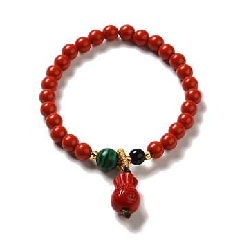 6mm Round Cinnabar Mala Stretch Bracelets, with Synthetic Malachite and Natural Agate, Bag, Inner Diameter: 2 inch(4.95~5.1cm)