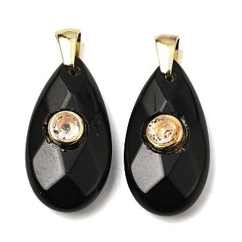 Natural Obsidian Pendants, Faceted Teardrop Charms with Brass Micro Pave Clear Cubic Zirconia Findings, Golden, Rack Plating, 25x13.5x8mm, Hole: 4x4mm