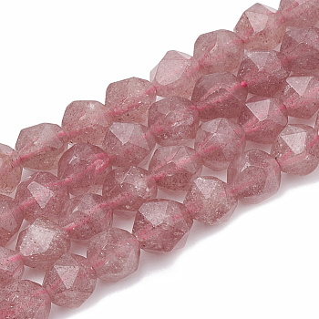 Natural Strawberry Quartz Beads Strands, Star Cut Round Beads, Faceted, 10x9~10mm, Hole: 1mm, about 36~38pcs/strand, 14.2~14.6 inch