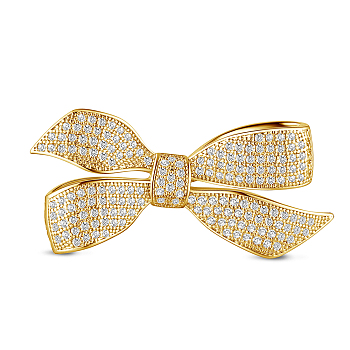 SHEGRACE Brass Brooch, with Grade AAA Cubic Zirconia, Bowknot, Clear, Real 18K Gold Plated, 48x20mm