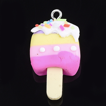 Handmade Polymer Clay Pendants, with Iron Findings, Ice Lolly, Platinum, Colorful, 35~40x15~18x6~11mm, Hole: 2mm