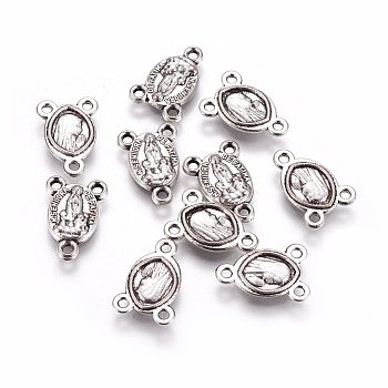 Tibetan Style Alloy Chandelier Component Links, 3 Loop Connectors, Oval with Virgin Mary, Rosary Center Pieces, Antique Silver, 15x10.5x2.4mm, Hole: 1.4mm