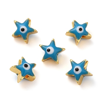 Golden Tone Brass Enamel Beads, Cadmium Free & Lead Free, Long-Lasting Plated, Star with Evil Eye, Deep Sky Blue, 8x8x5mm, Hole: 1.4mm