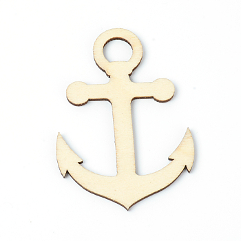 Olycraft Laser Cut Natural Wooden Big Pendants, Anchor, BurlyWood, 60x42x2.5mm, Hole: 9.5mm