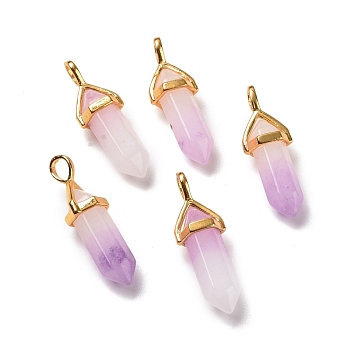 Natural White Jade Pendants, Faceted, with Golden Tone Brass Findings, Lead free & Cadmium Free, Dyed, Lilac, Bullet, 27~30x9~10x7~8mm, Hole: 4x3mm