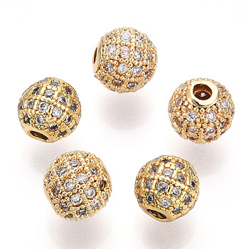 Rack Plating Brass Cubic Zirconia Beads, Long-Lasting Plated, Round, Golden, 8x7mm, Hole: 2mm