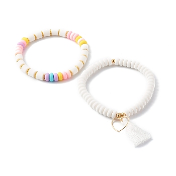 Handmade Polymer Clay Beads Stretch Bracelets Sets, with Brass Beads & Pendants, with Tassels, Heart, White, Inner Diameter: 2~2-1/8 inch(5.2~5..5cm), 2pcs/set