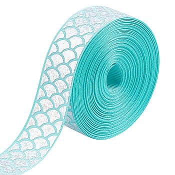 Polyester Grosgrain Glitter Ribbon, with Paillette/Sequins Beads, Shell Pattern, Sky Blue, 1 inch(25mm)