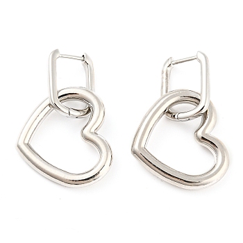 Rack Plating Brass Heart Dangle Hoop Earrings, Long-Lasting Plated, Lead Free & Cadmium Free, Platinum, 32.5x21mm