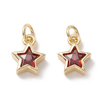 Brass Cubic Zirconia Charms, Real 18K Gold Plated, Star, Dark Red, 9x7.5x3mm, Hole: 2.5mm