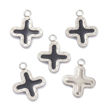 304 Stainless Steel Enamel Pendants, with Glitter, Stainless Steel Color, Cross, Black, 16x13x2mm, Hole: 1.8mm