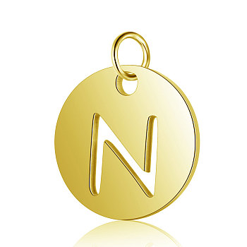 304 Stainless Steel Charms, Flat Round with Letter, Golden, Letter.N, 12x1mm, Hole: 2.5mm