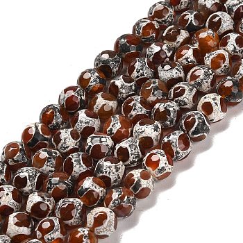 Natural Tibetan Turtle Back Pattern dZi Agate Beads Strands, Faceted Round, Dyed & Heated, 8~8.5mm, Hole: 1mm, about 47pcs/strand, 14.57~14.69''(37~37.3cm)