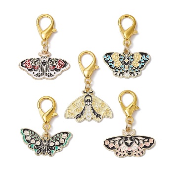 5Pcs 5 Styles Alloy Enamel Pendant Decorations, with Zinc Alloy Lobster Claw Clasps, Butterfly, Flower, Mixed Color, 41mm, 1pc/style