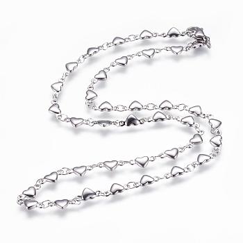 304 Stainless Steel Chain Necklaces, with Lobster Claw Clasps, Heart, Stainless Steel Color, 17.3  inch~17.9 inch(44~45.5cm)