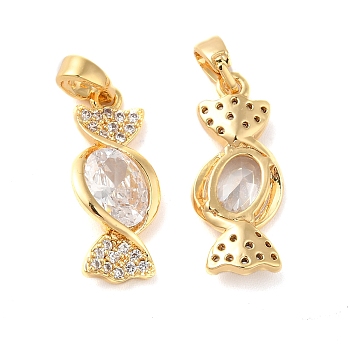 Brass Cubic Zirconia Pendants, Candy, Real 18K Gold Plated, 20x8.5x3mm, Hole: 2.5x4.5mm