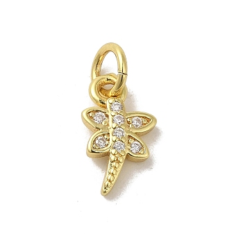 Real 18K Gold Plated Brass Pave Cubic Zirconia Pendants, with Jump Rings, Dragonfly, Clear, 11.5x7x2mm, Hole: 3mm