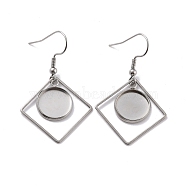 201 Stainless Steel Earring Hooks, with Rhombus Blank Pendant Trays, Flat Round Setting for Cabochon, Stainless Steel Color, 45mm, 22 Gauge, Pin: 0.6mm(STAS-Z036-07P)