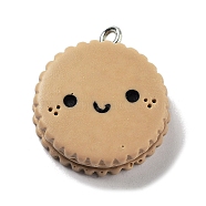 Cookies Theme Imitation Food Resin Pendants, Smiling Face Flat Round Charms with Platinum Plated Iron Loops, BurlyWood, 23x20x6.5mm, Hole: 2mm(RESI-B021-02B-03)