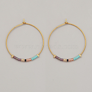 Glass Seed Beaded Hoop Earrings, Boho Beach Earrings, Cyan, 30x30mm(XS8443-4)