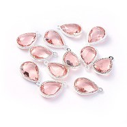 Glass Pendants, with Eco-Friendly Alloy Open Back Berzel Findings, Faceted, teardrop, Silver Color Plated, Misty Rose, 18x12x5mm, Hole: 1.4mm(GLAA-A037-G-08S)
