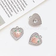 Alloy Rhinestone Pendants, with Enamel, Heart with Peach Charms, Platinum, 18x16mm(INS-PW0002-10C)