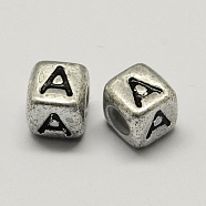 Antique Silver Plated Large Hole Acrylic Letter European Beads, Horizontal Hole, Cube with Letter.A, 6x6x6mm, Hole: 4mm, about 2950pcs/500g(PACR-Q099-01A)