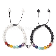 2Pcs 2 Style Natural & Synthetic Mixed Gemstone Braided Bead Bracelets Set, Alloy Magnetic Heart Couple Bracelets, Inner Diameter: 2-1/8~3-1/8 inch(5.4~8cm), 1Pc/style(BJEW-TA00306)