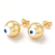 Enamel Evil Eye Stud Earrings, Real 18K Gold Plated Brass Ball Post Earrings for Women, White, 12mm, Pin: 0.7mm(EJEW-E274-01G-01)